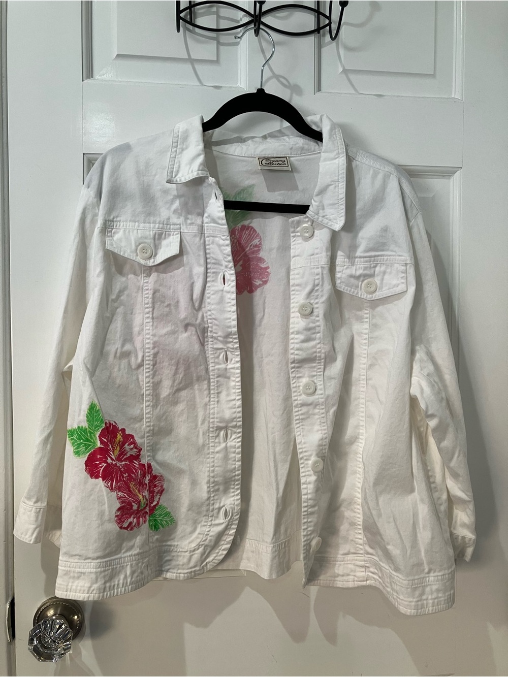 White cotton jacket shirt, hibiscus